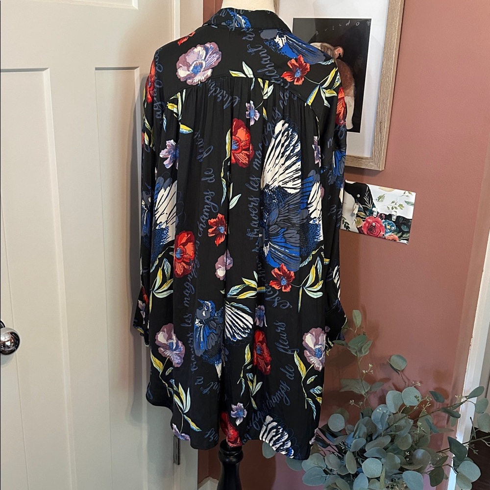 Free People Silky Nights Floral birds whimsical Black M oversized hi lo blouse - Picture 7 of 11